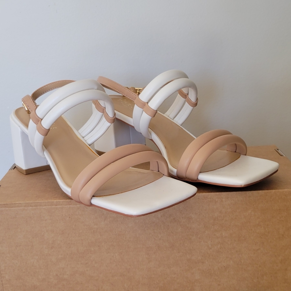 Women's White and Tan Heels with Stacked Heel and Sleek Design